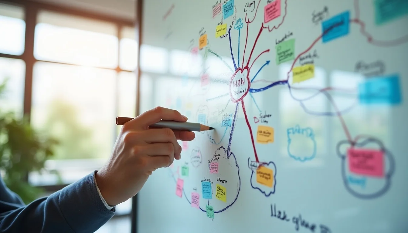 Hub spoke modeli icerik kumeleri - beyaz cam uzerinde mind map calismasi